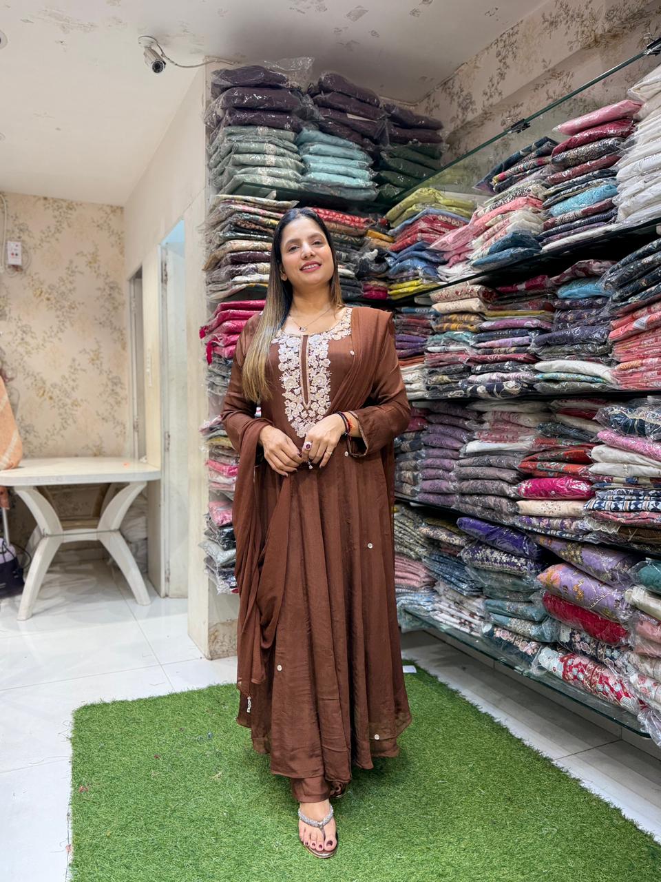 Pure Chinon Shoulder Anarkali Brown