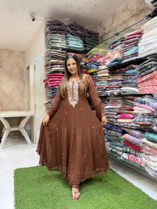 Pure Chinon Shoulder Anarkali Brown