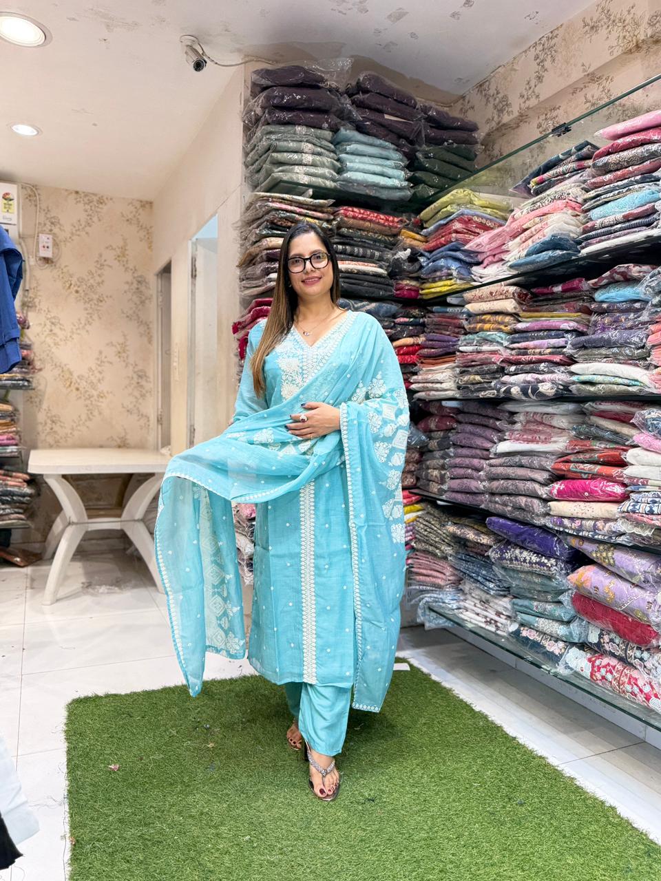 Pure Banaras Mull Chanderi Aqua Blue 3pc Set
