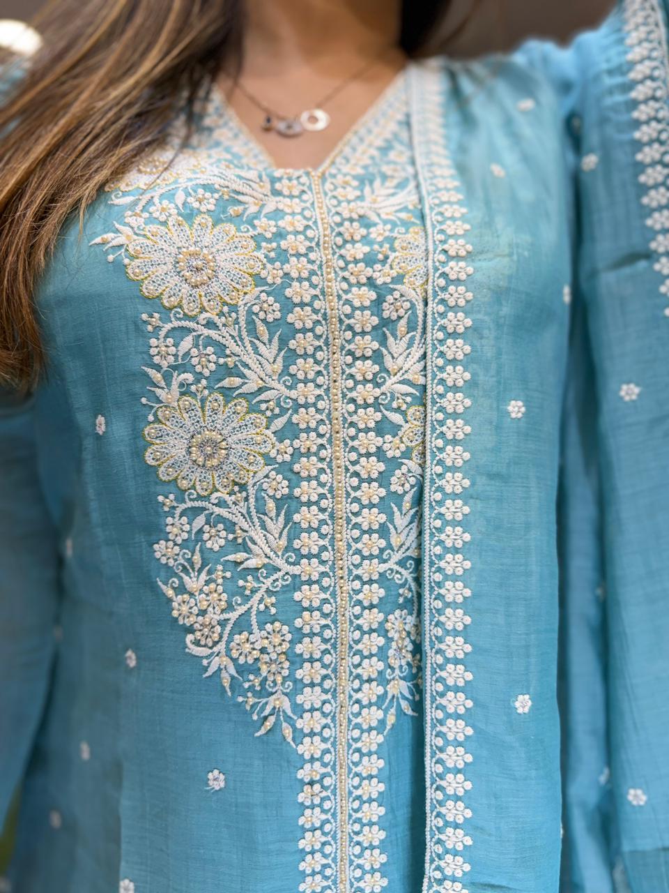 Pure Banaras Mull Chanderi Aqua Blue 3pc Set