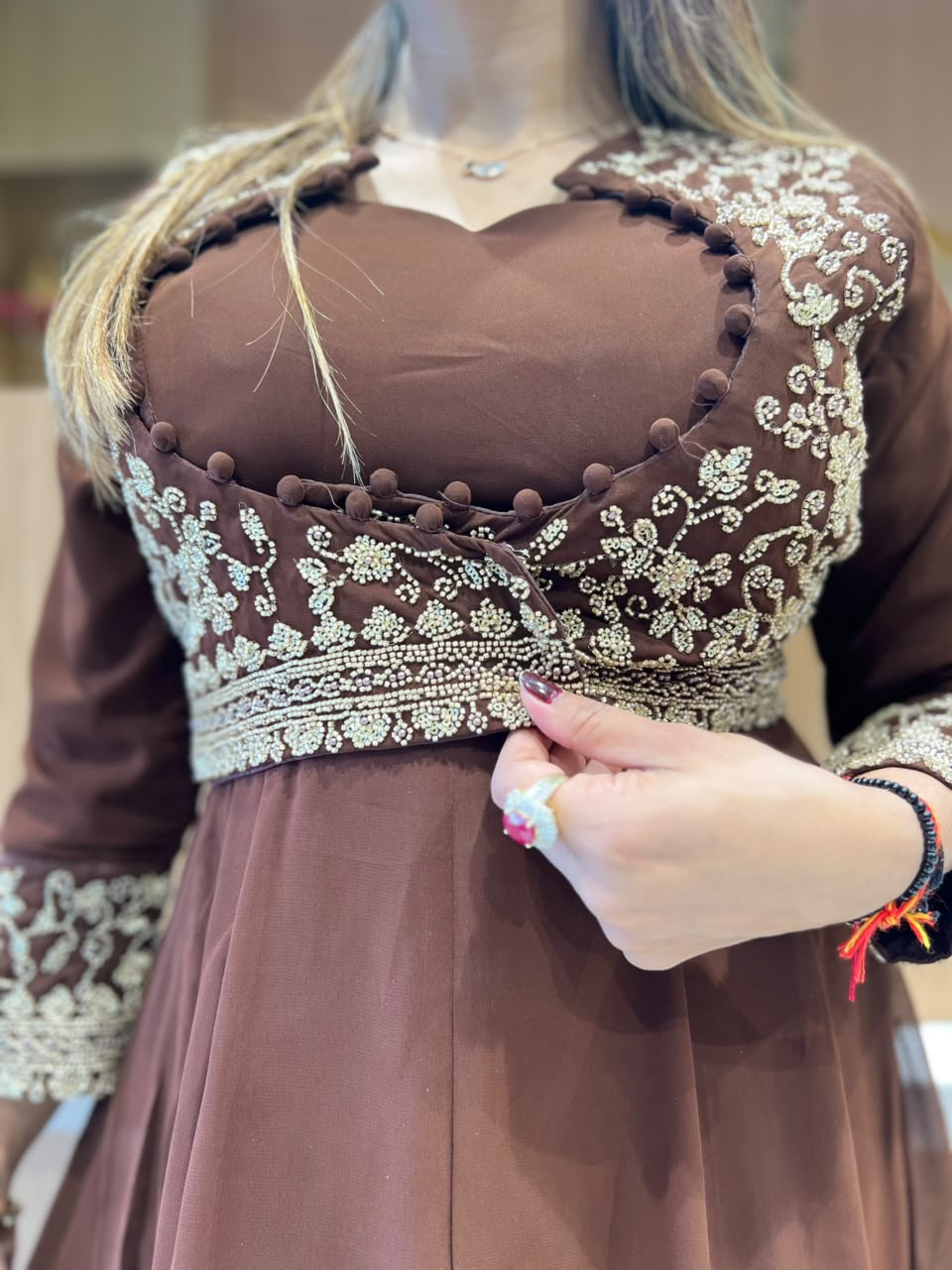 Pure Georgette Partywear Brown Gown