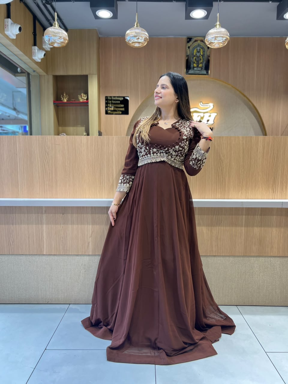 Pure Georgette Partywear Brown Gown