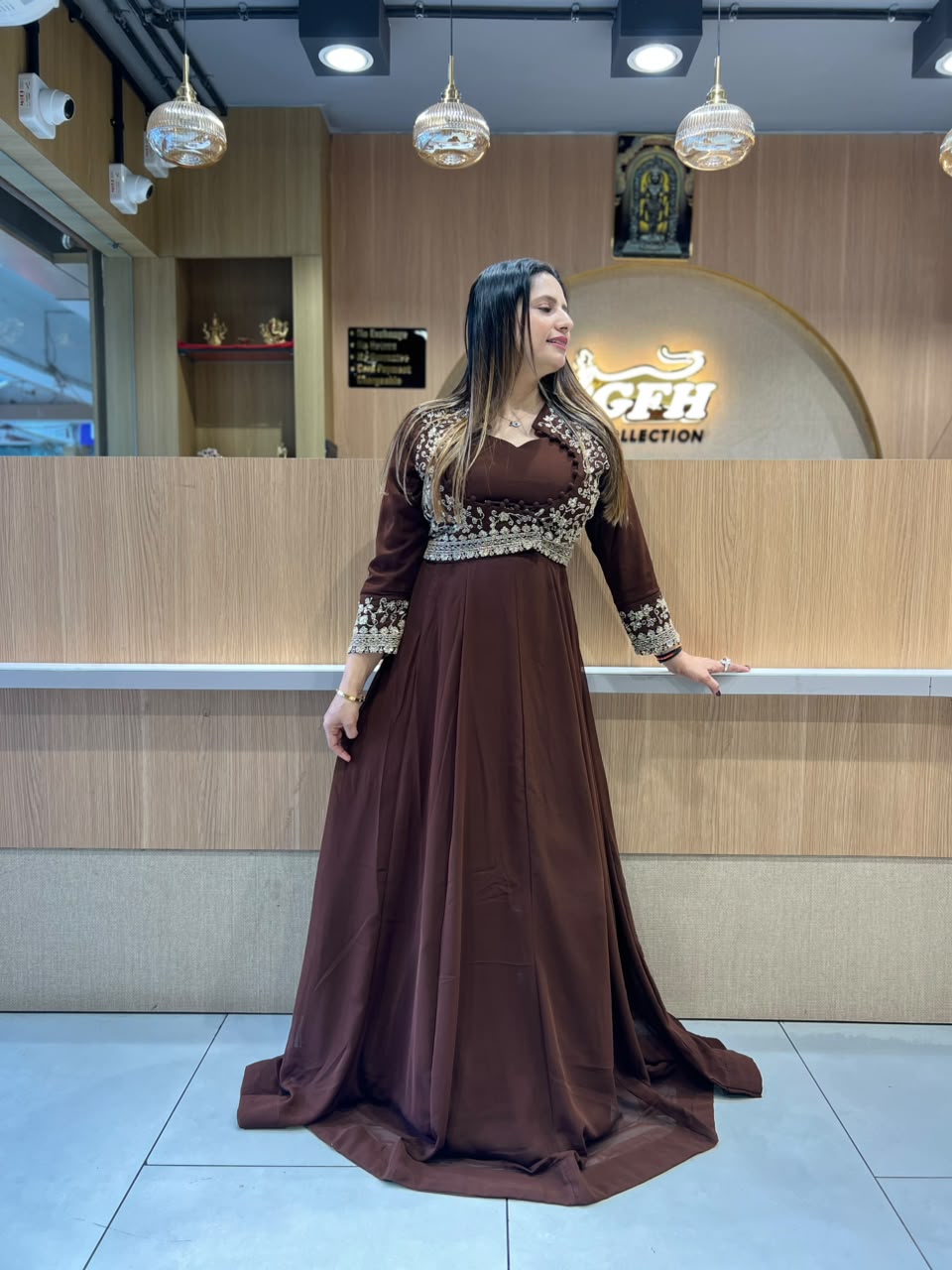 Pure Georgette Partywear Brown Gown