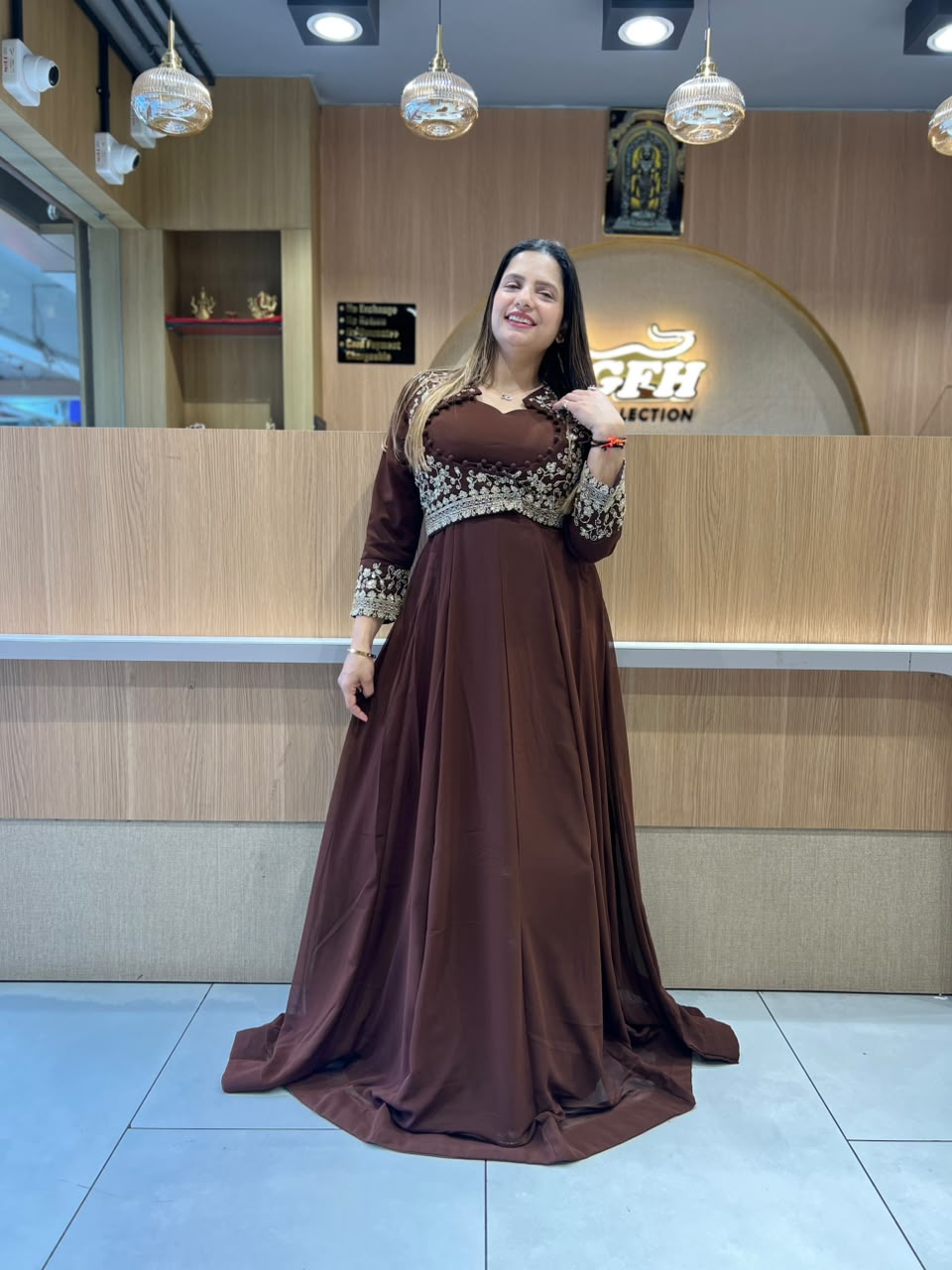 Pure Georgette Partywear Brown Gown