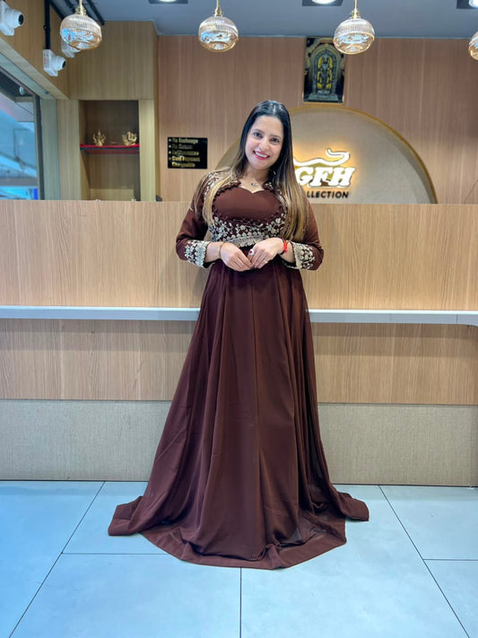 Pure Georgette Partywear Brown Gown