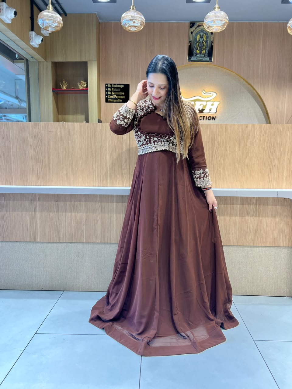Pure Georgette Partywear Brown Gown