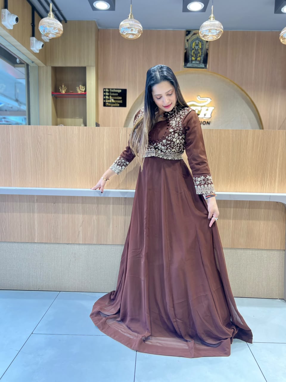 Pure Georgette Partywear Brown Gown