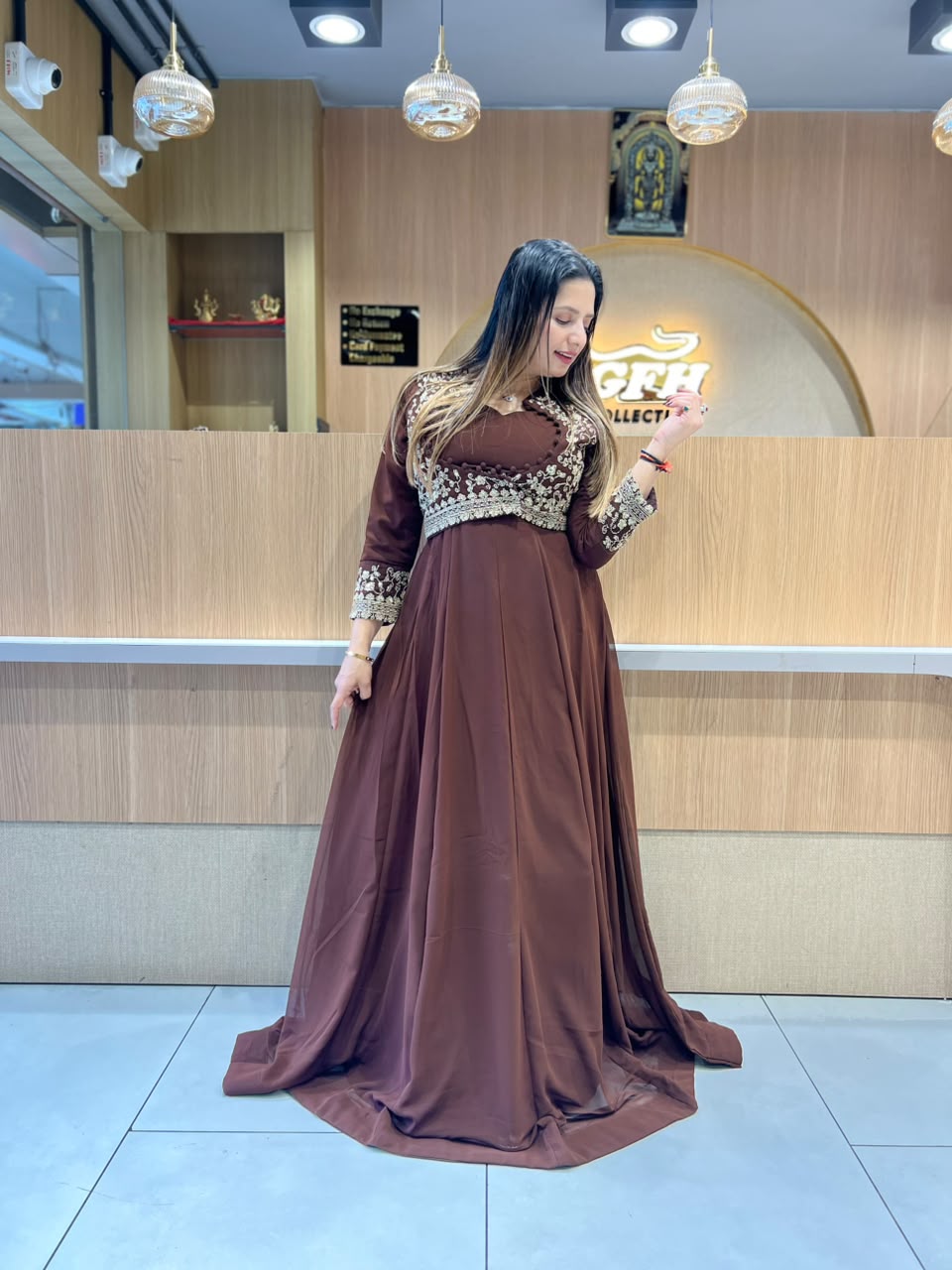 Pure Georgette Partywear Brown Gown