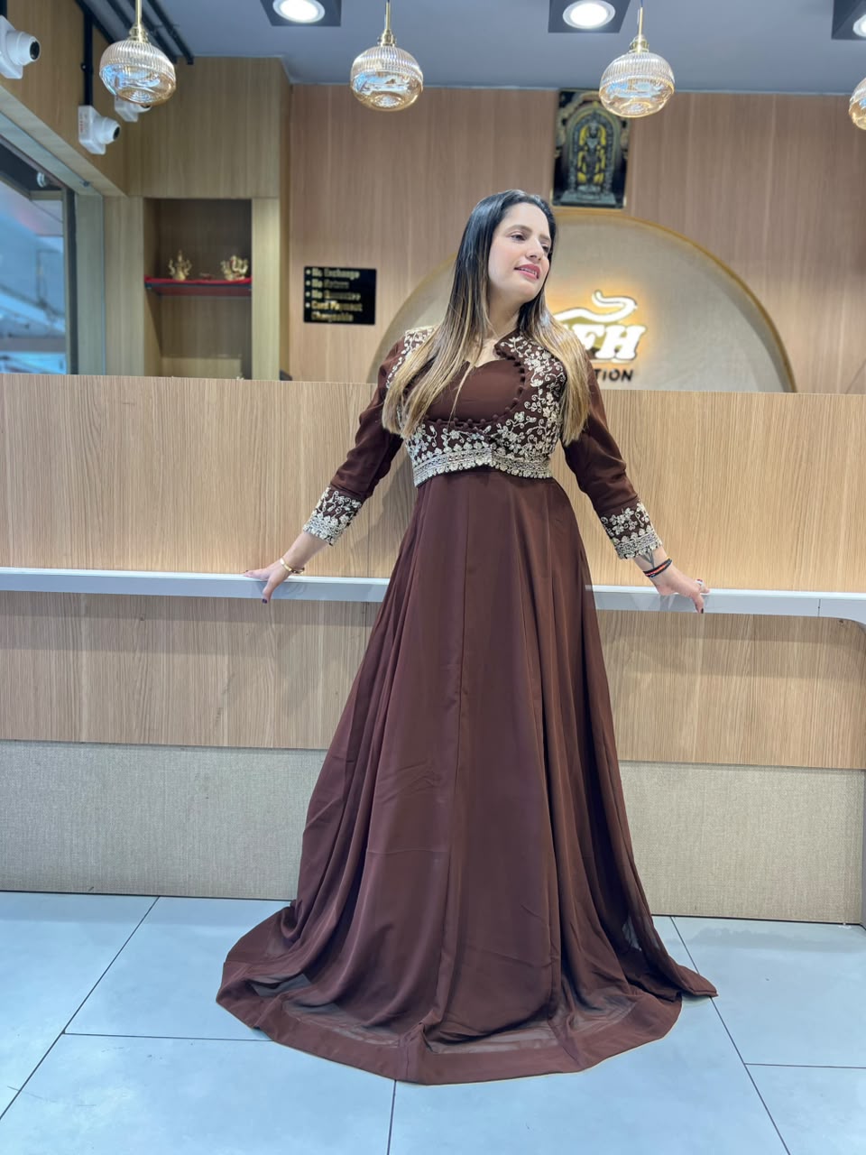 Pure Georgette Partywear Brown Gown