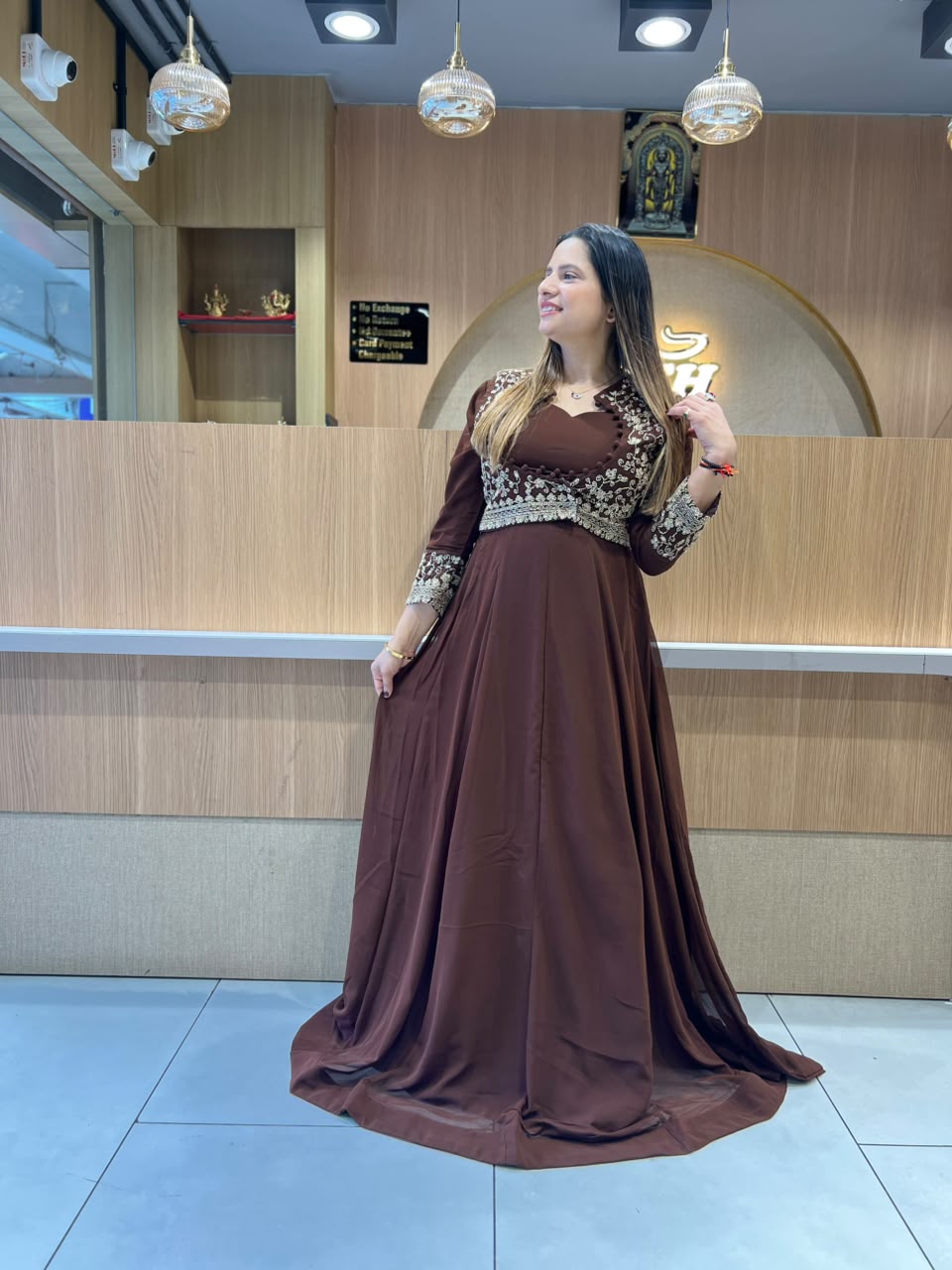 Pure Georgette Partywear Brown Gown