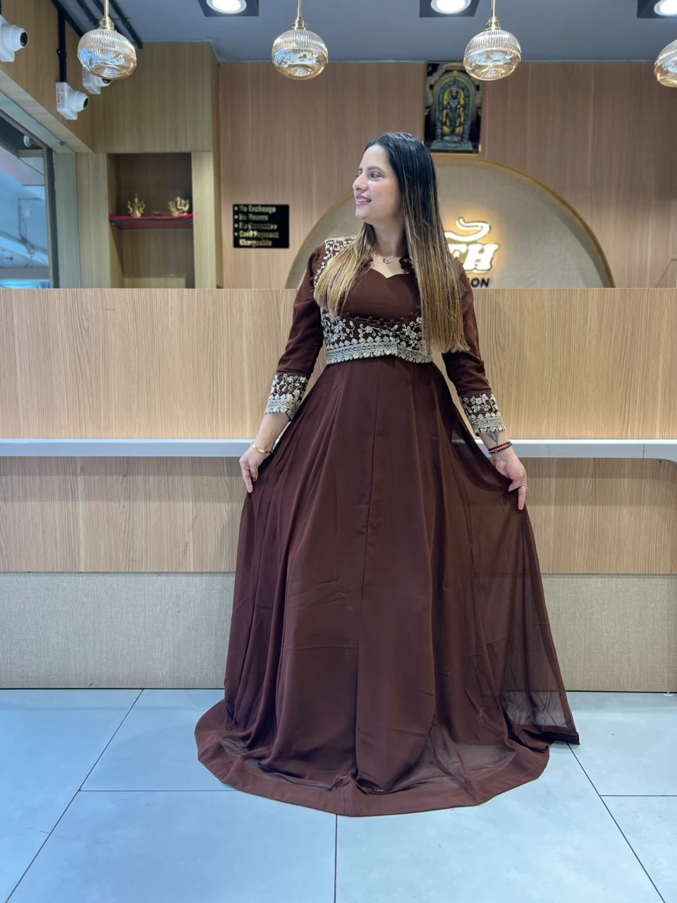 Pure Georgette Partywear Brown Gown