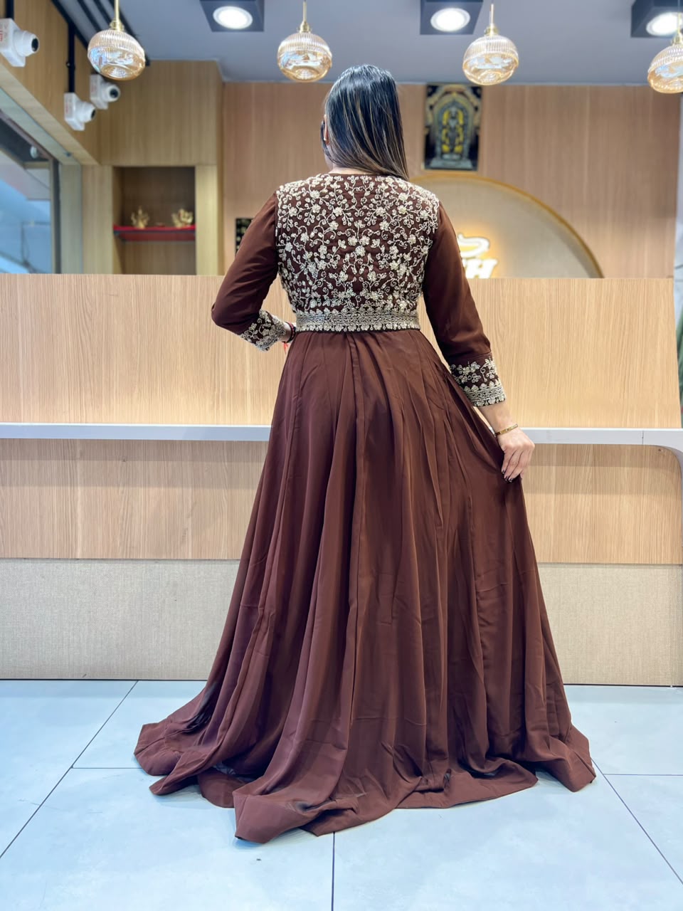 Pure Georgette Partywear Brown Gown