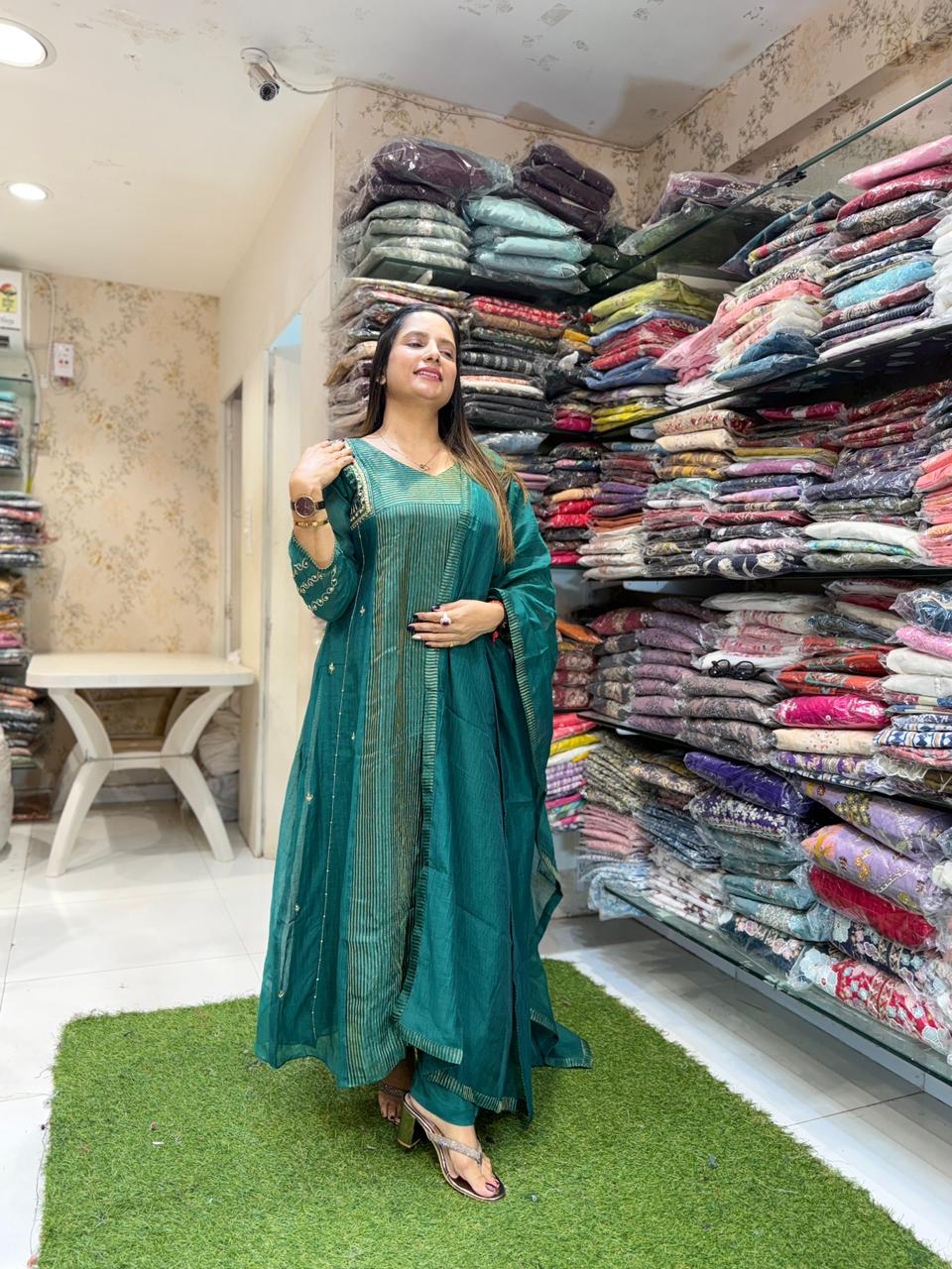 Pure Banaras Mull Chanderi Green 3pc Set