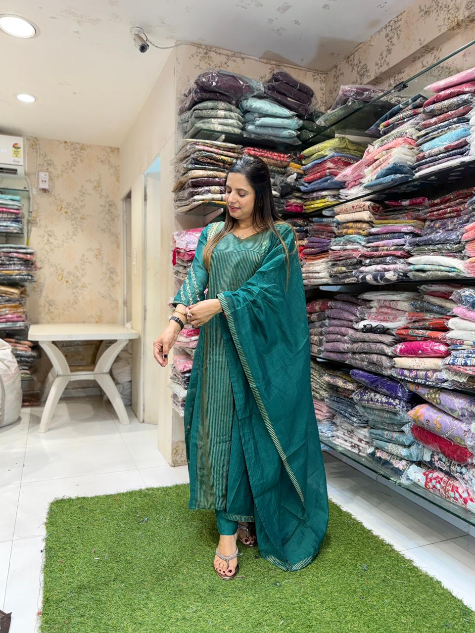 Pure Banaras Mull Chanderi Green 3pc Set