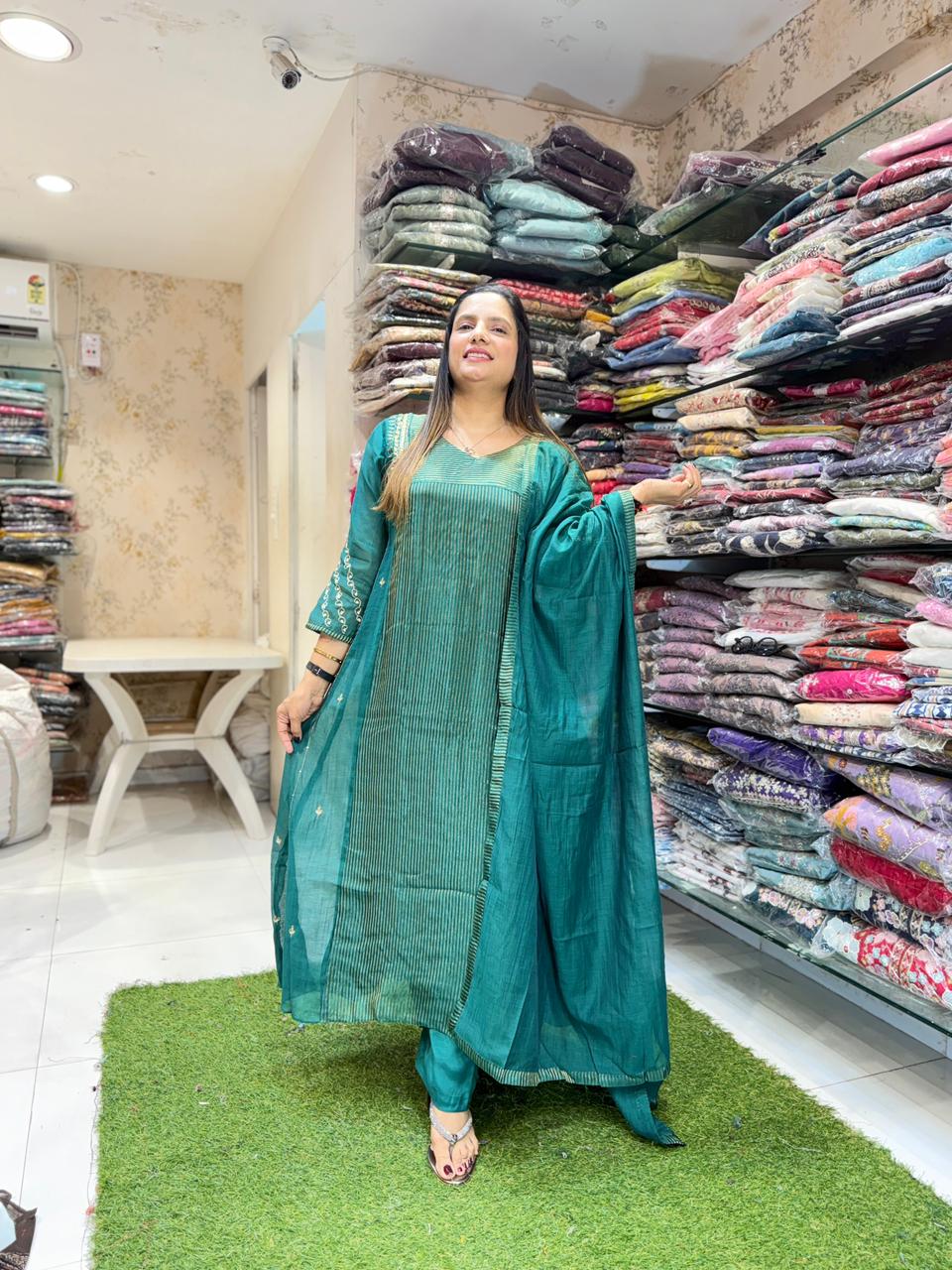 Pure Banaras Mull Chanderi Green 3pc Set