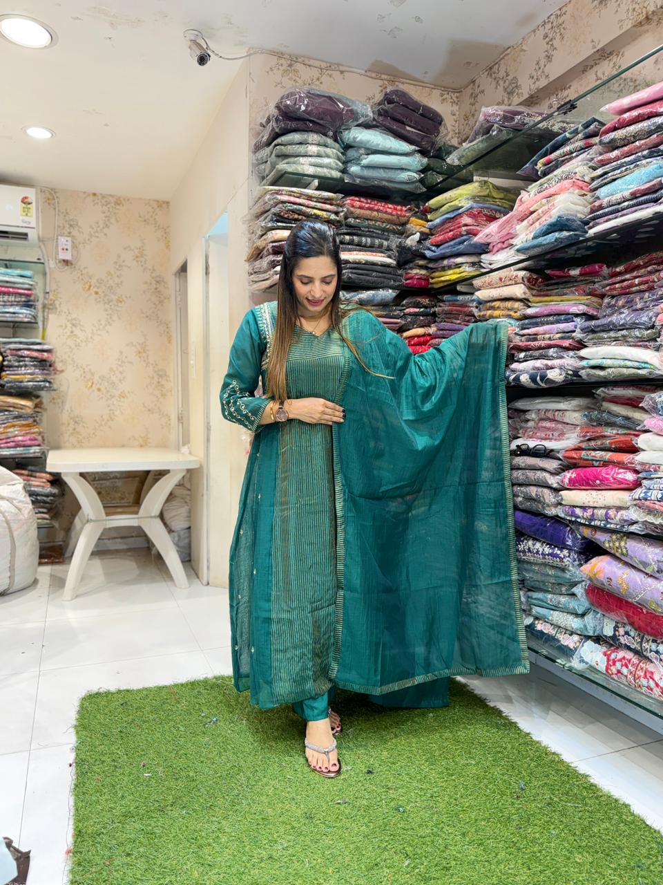 Pure Banaras Mull Chanderi Green 3pc Set