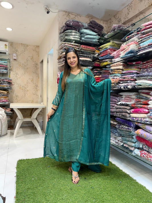 Pure Banaras Mull Chanderi Green 3pc Set