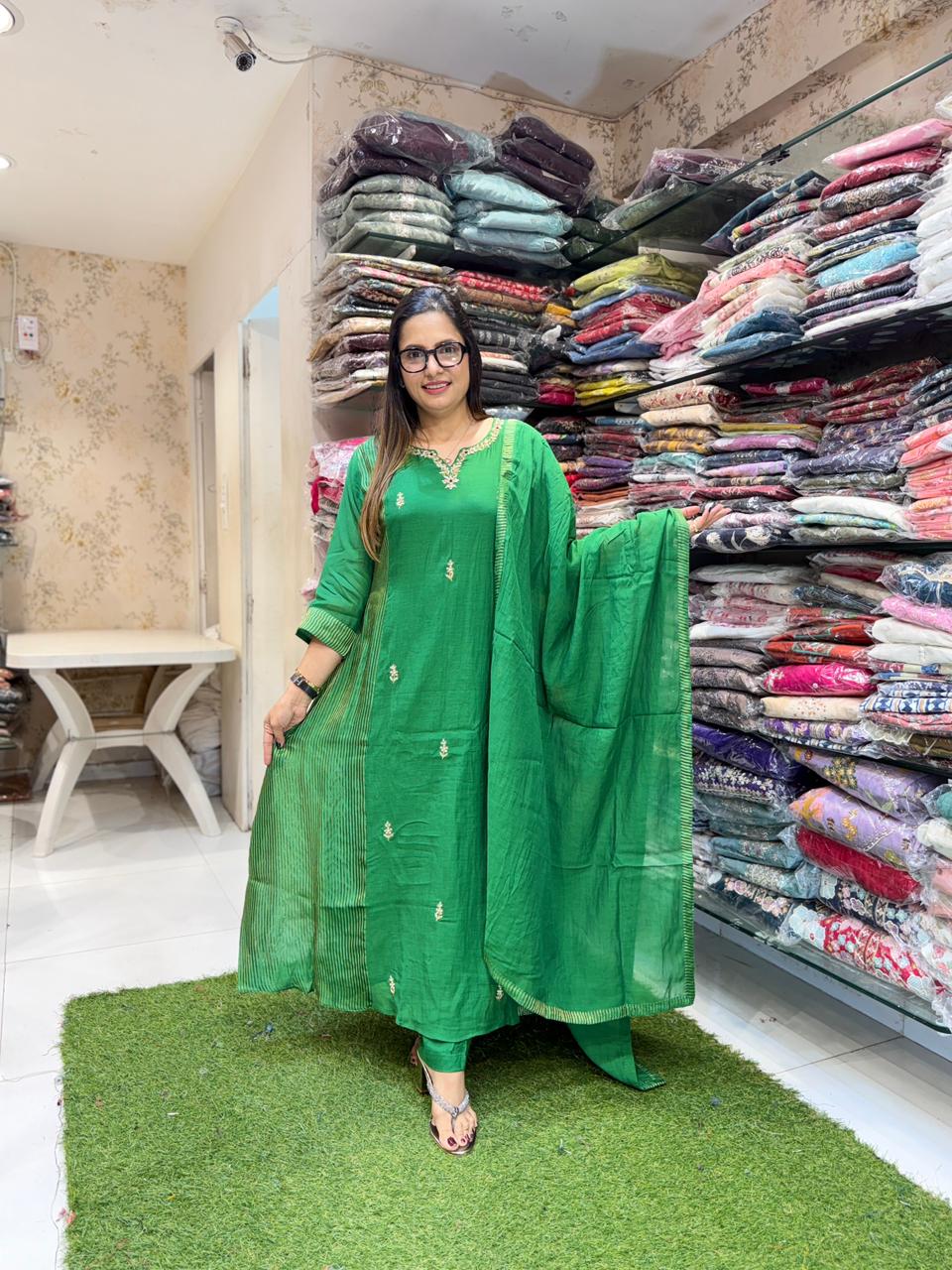 Pure Banaras Mull Chanderi Green 3pc Set