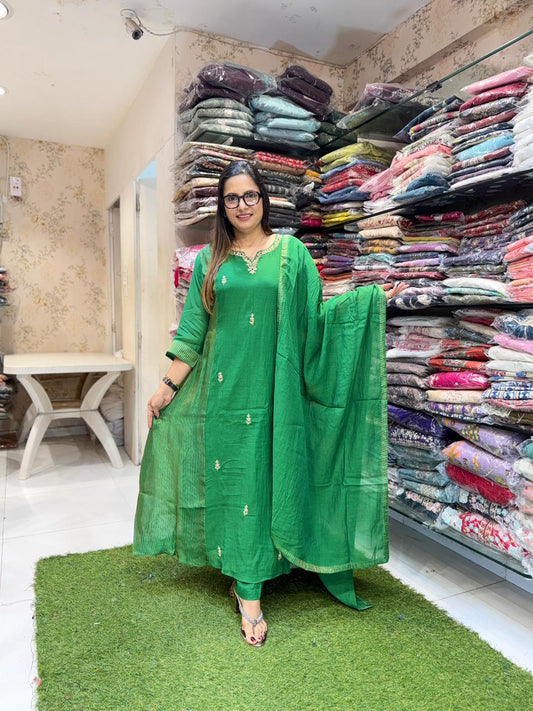 Pure Banaras Mull Chanderi Green 3pc Set