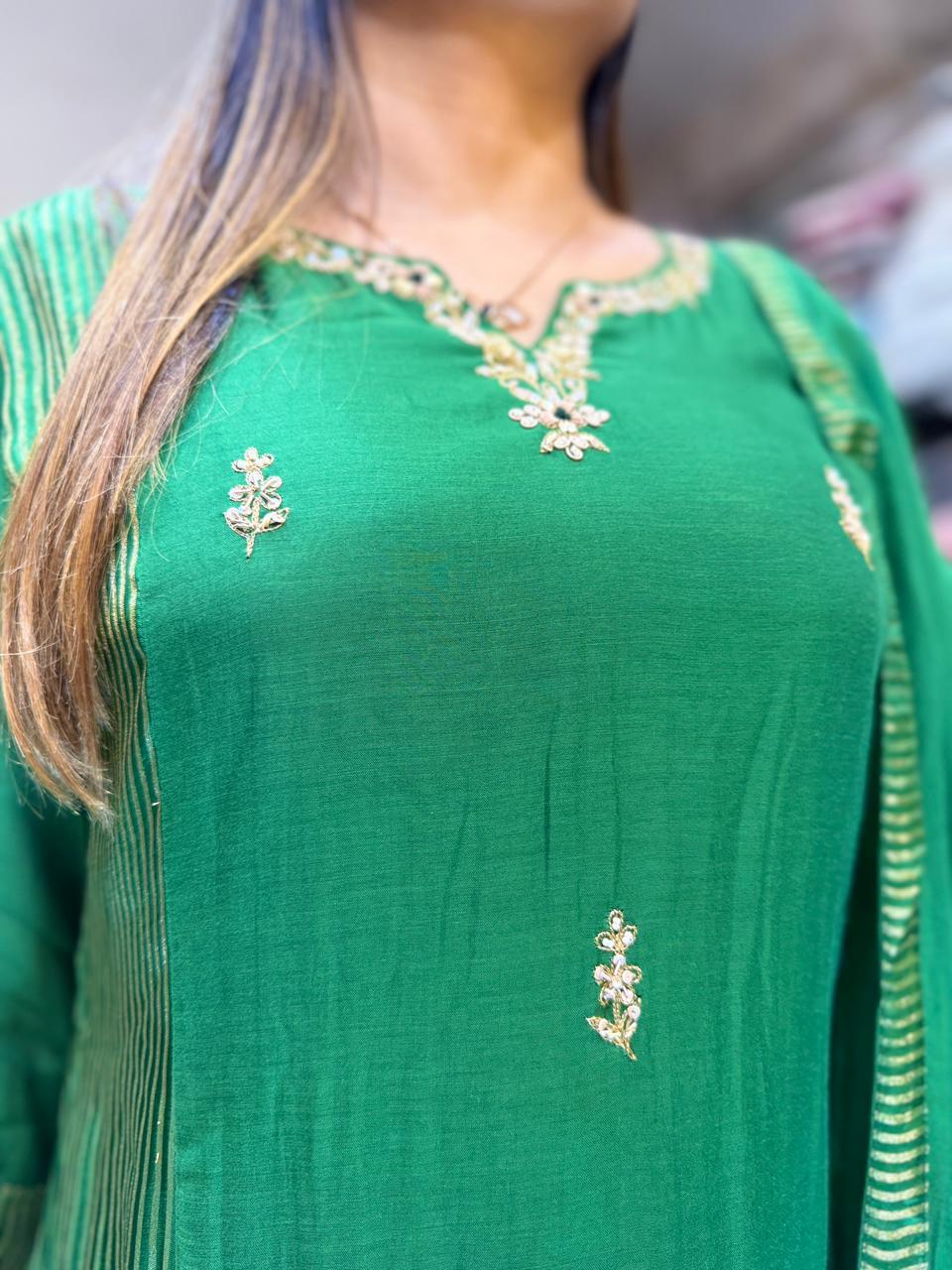 Pure Banaras Mull Chanderi Green 3pc Set