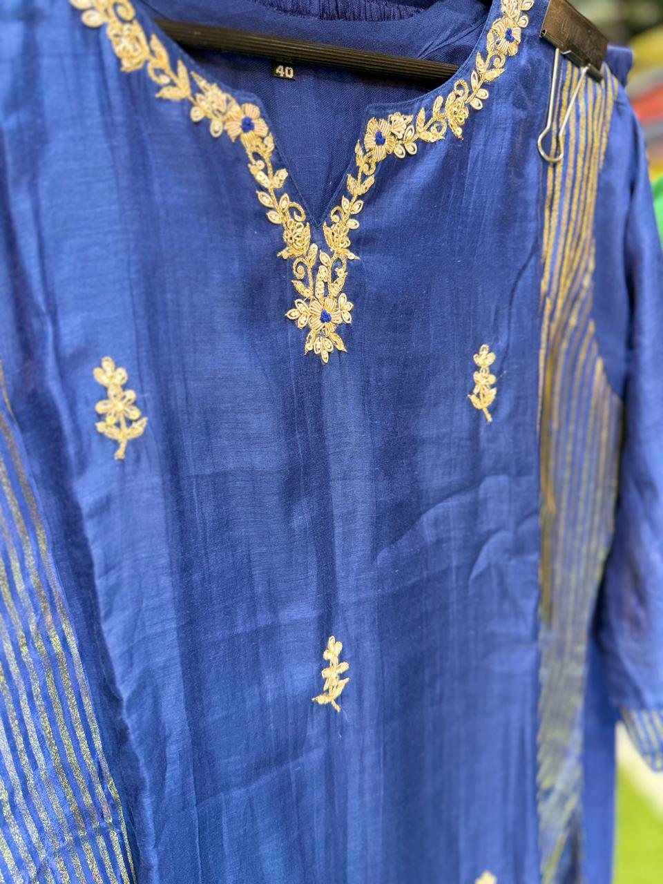 Pure Banaras Mull Chanderi Blue 3pc Set