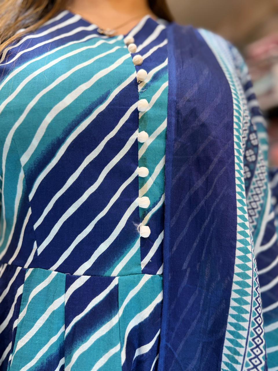 Pure Cotton Blue 24kali Anarkali 3pc Set