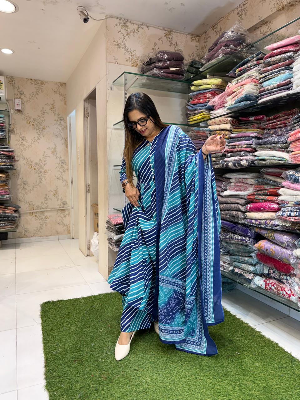 Pure Cotton Blue 24kali Anarkali 3pc Set
