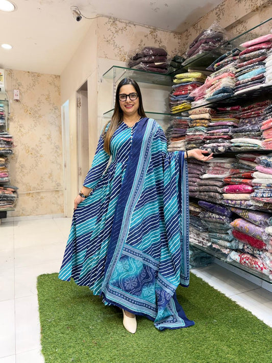 Pure Cotton Blue 24kali Anarkali 3pc Set
