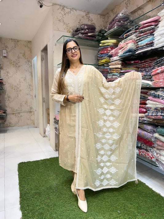Pure Banaras Mull Chanderi Off White 3pc Set