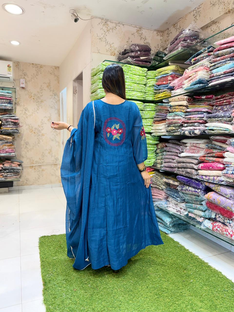 Pure Banaras Mull Chanderi Blue 3pc Set