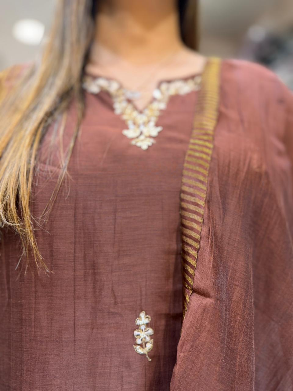 Pure Banaras Mull Chanderi Brown 3pc Set