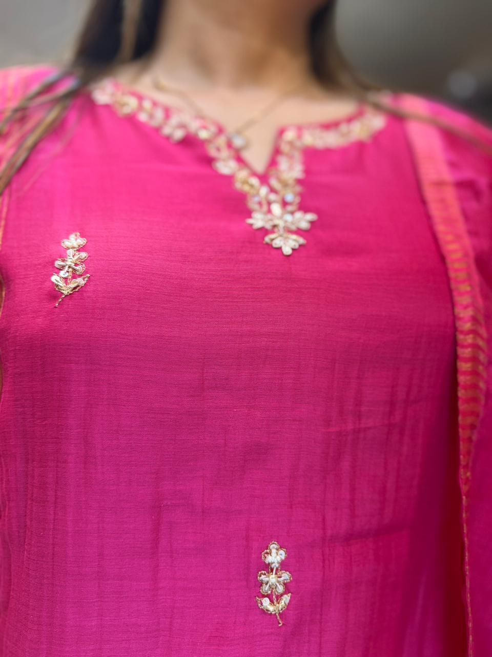 Pure Banaras Mull Chanderi Pink 3pc Set