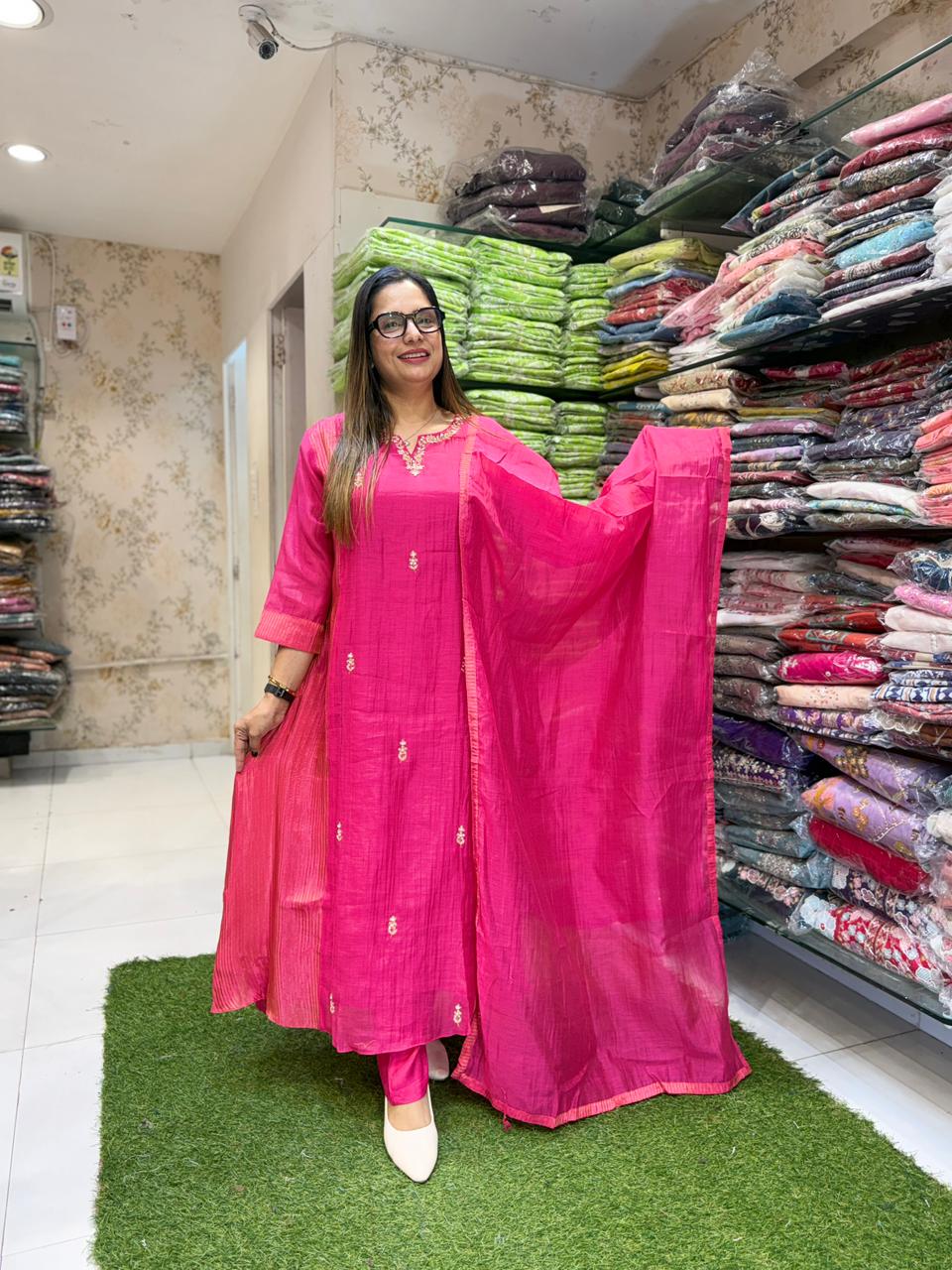 Pure Banaras Mull Chanderi Pink 3pc Set
