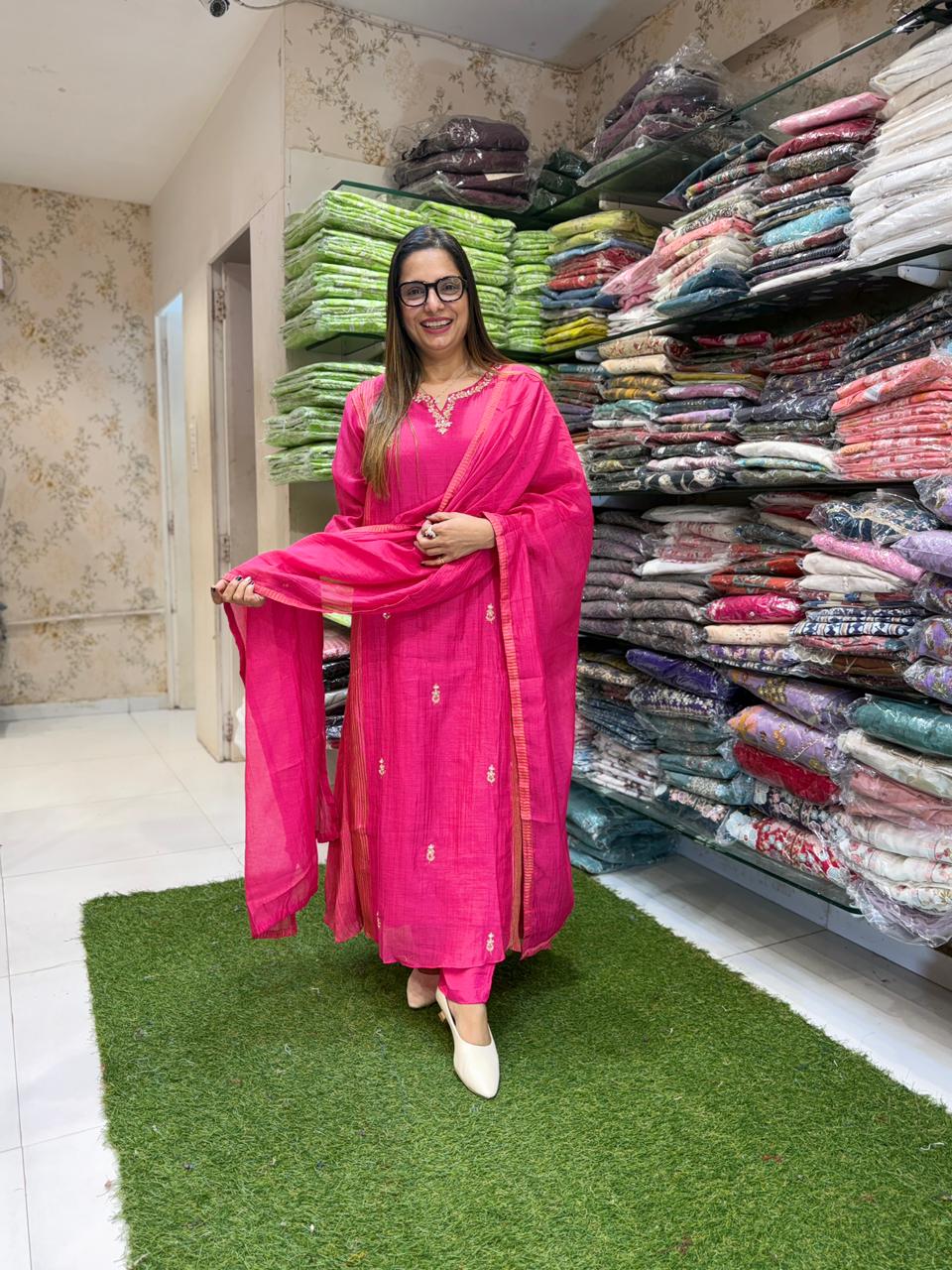 Pure Banaras Mull Chanderi Pink 3pc Set
