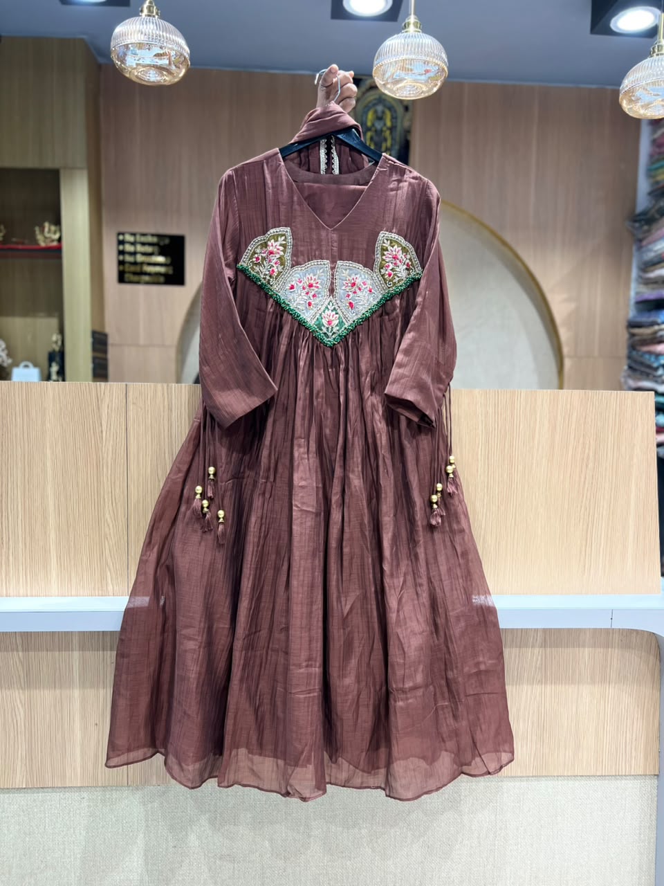 Pure Banaras Mull Chanderi Brown 3pc Set