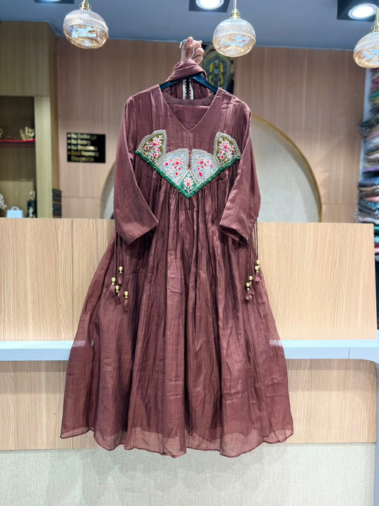 Pure Banaras Mull Chanderi Brown 3pc Set