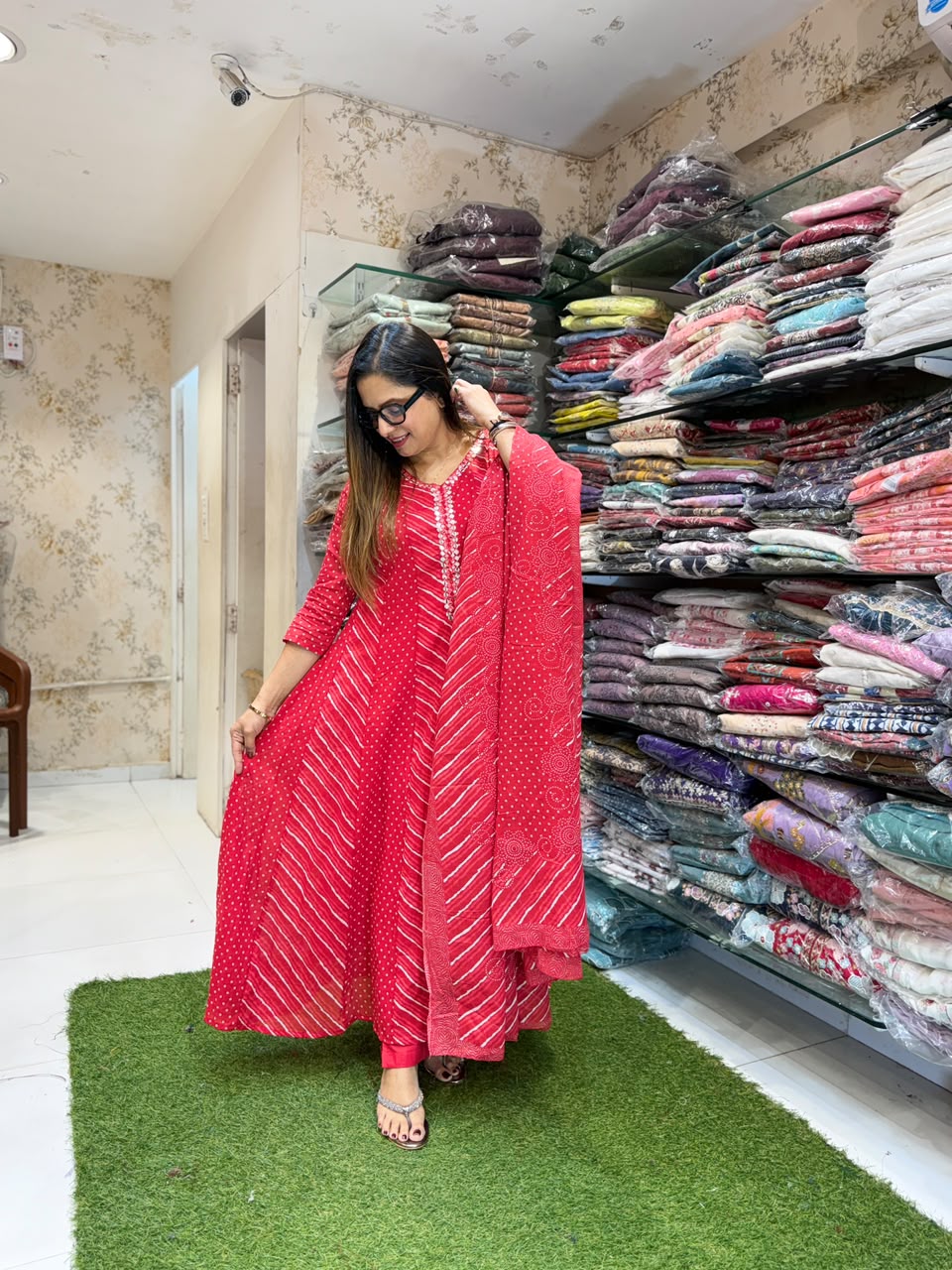 Pure Mull Cotton Red Shoulder Anarkali 3pc Set