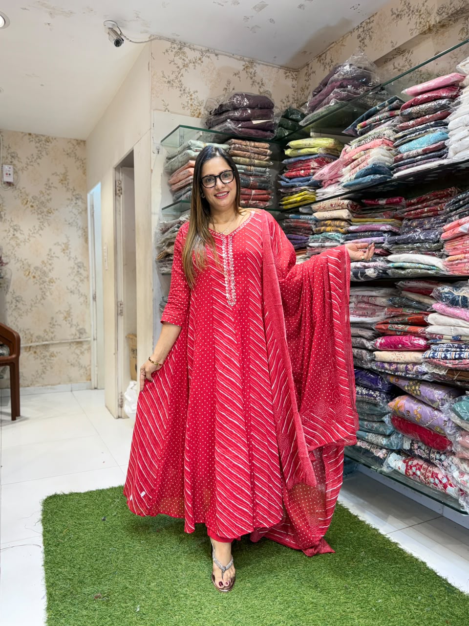 Pure Mull Cotton Red Shoulder Anarkali 3pc Set