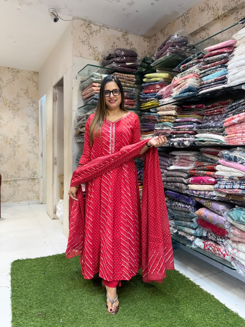 Pure Mull Cotton Red Shoulder Anarkali 3pc Set