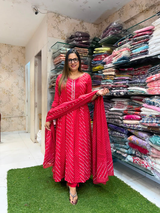Pure Mull Cotton Red Shoulder Anarkali 3pc Set