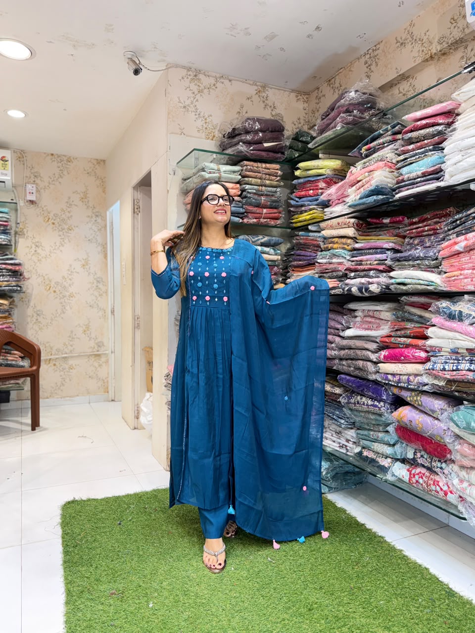 Pure Surat Mull Chanderi Teal Blue 3pc Set