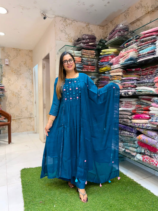Pure Surat Mull Chanderi Teal Blue 3pc Set