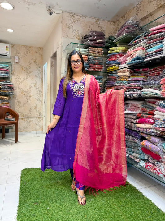 Pure Surat Mull Chanderi Purple 3pc Set
