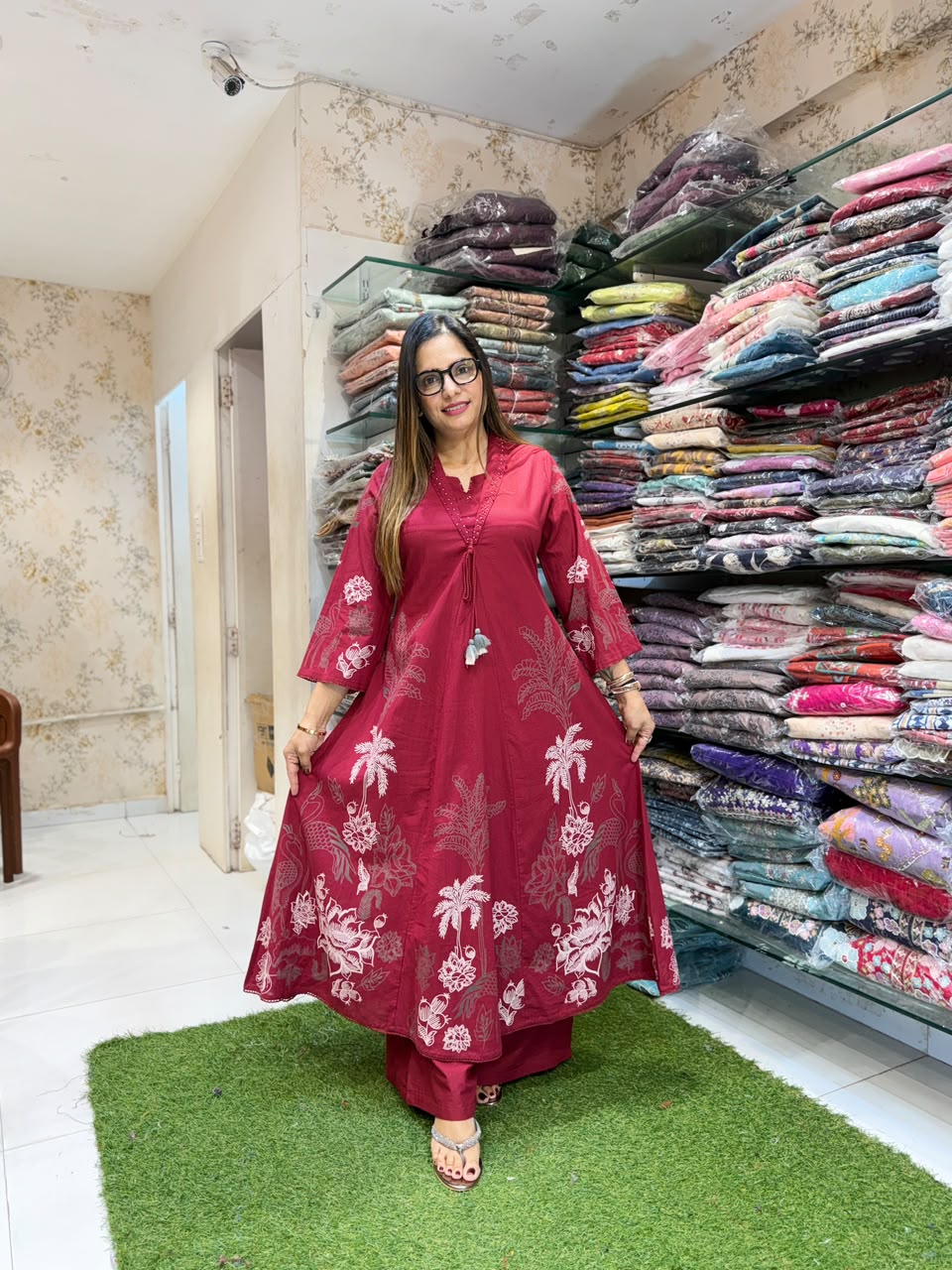 Pure Cotton Maroon Anarkali 3pc Set