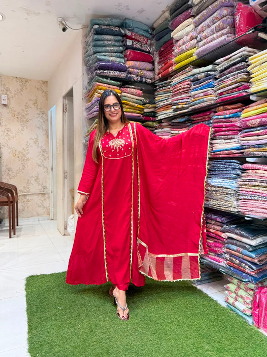 Pure Banaras Mull Chanderi Red 3pc Set