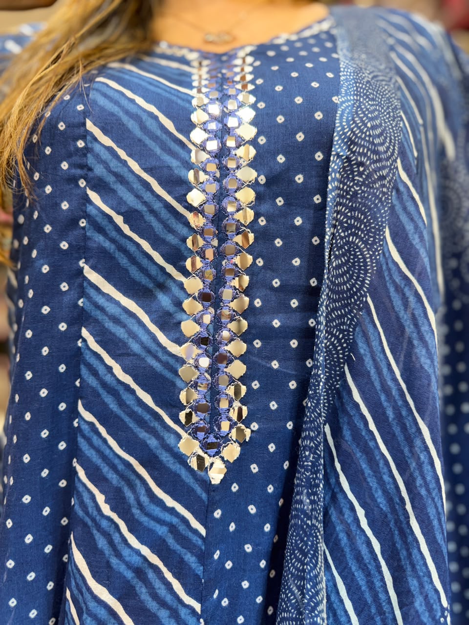 Pure Mull Cotton Blue Shoulder Anarkali 3pc Set