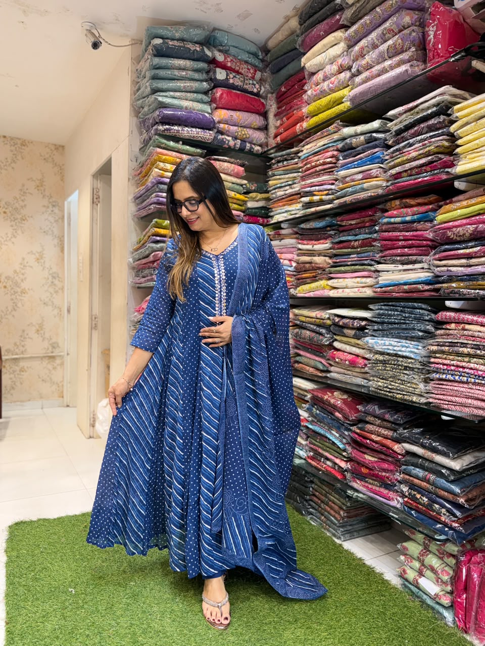 Pure Mull Cotton Blue Shoulder Anarkali 3pc Set