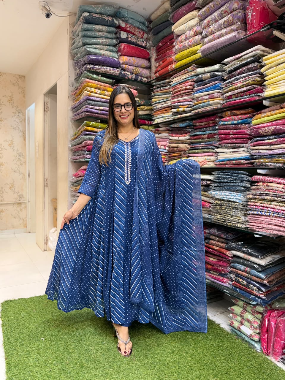 Pure Mull Cotton Blue Shoulder Anarkali 3pc Set