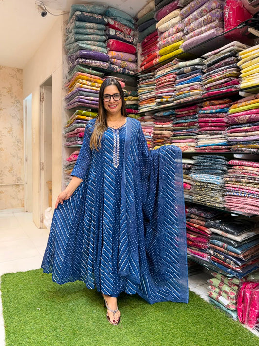 Pure Mull Cotton Blue Shoulder Anarkali 3pc Set