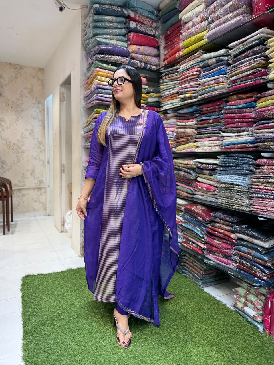Pure Banaras Mull Chanderi Purple 3pc Set